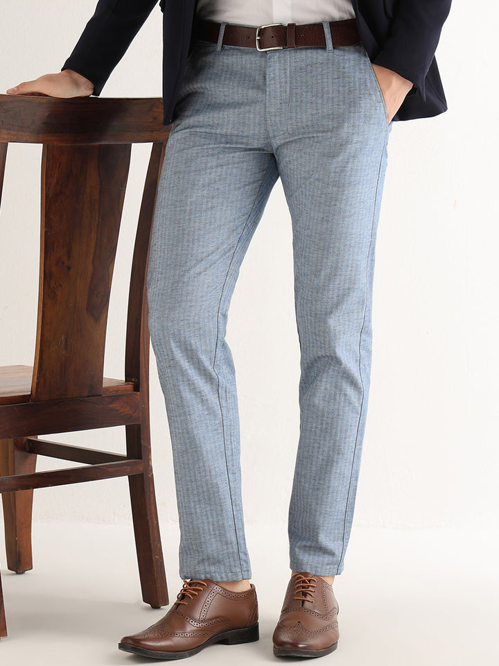 Hancock   Men   Blue   Solid Self Design   Cotton Elastane   Slim Fit   Formal   Trouser