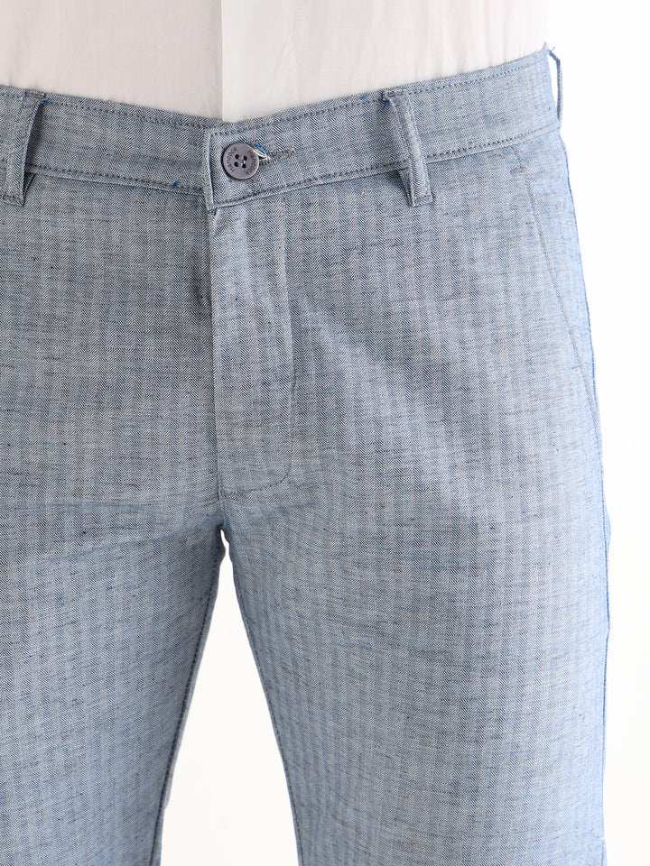 Hancock   Men   Blue   Solid Self Design   Cotton Elastane   Slim Fit   Formal   Trouser