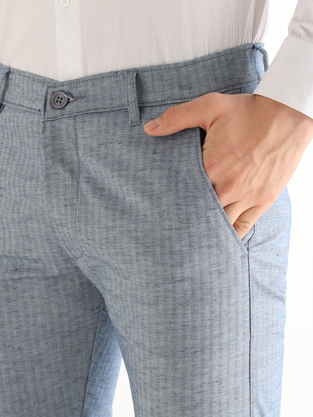 Hancock   Men   Blue   Solid Self Design   Cotton Elastane   Slim Fit   Formal   Trouser