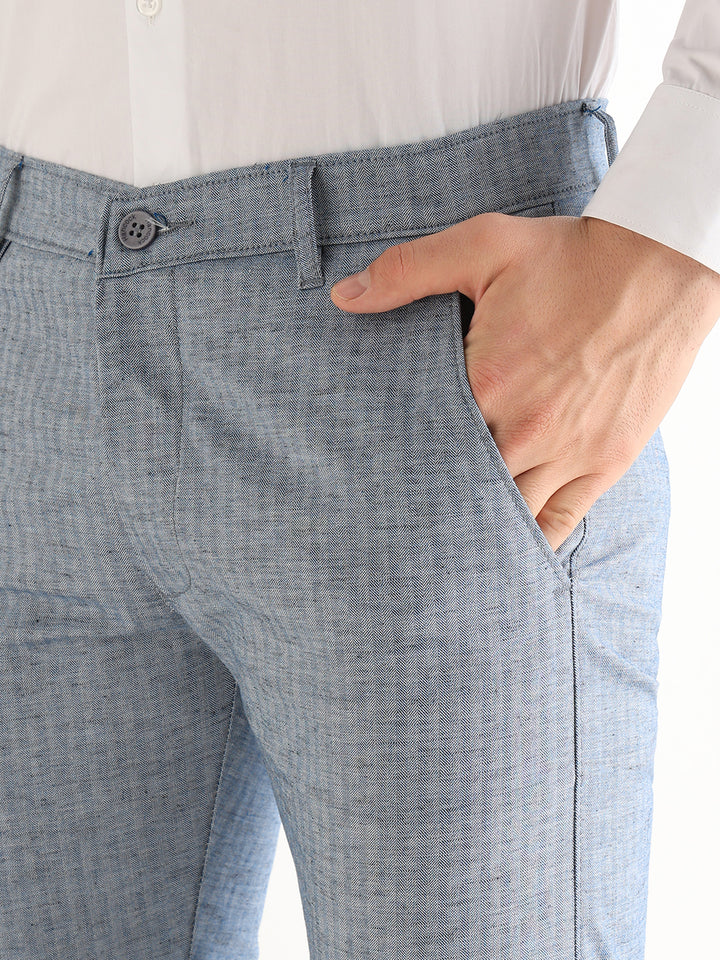 Hancock   Men   Blue   Solid Self Design   Cotton Elastane   Slim Fit   Formal   Trouser
