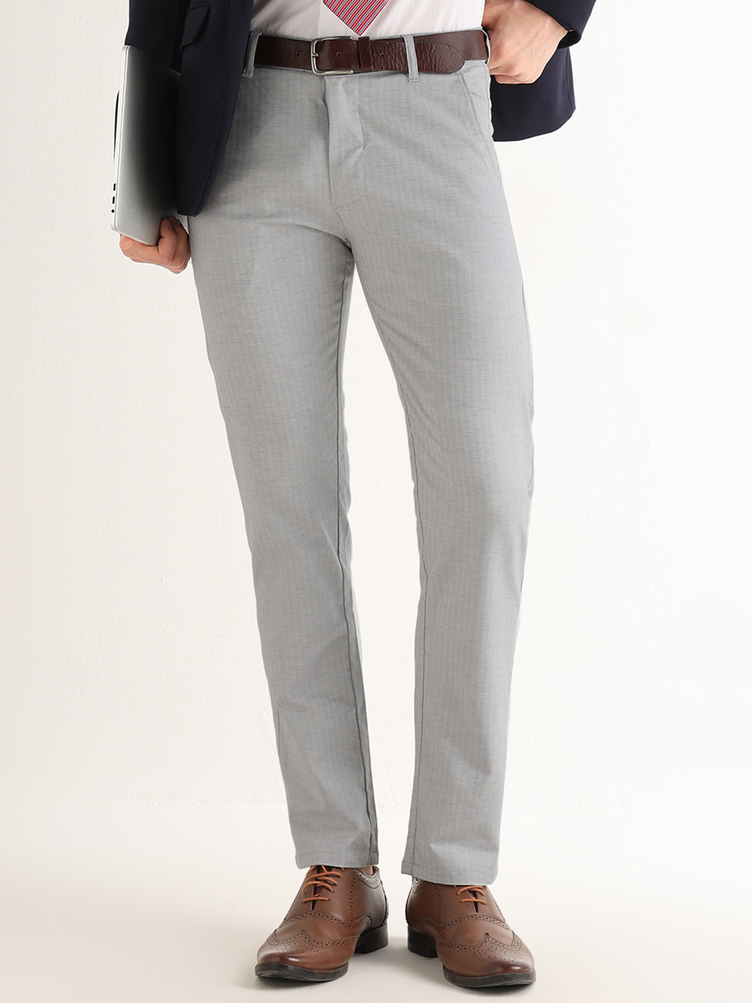 Hancock   Men   Grey   Solid Self Design   Cotton Elastane   Slim Fit   Formal   Trouser