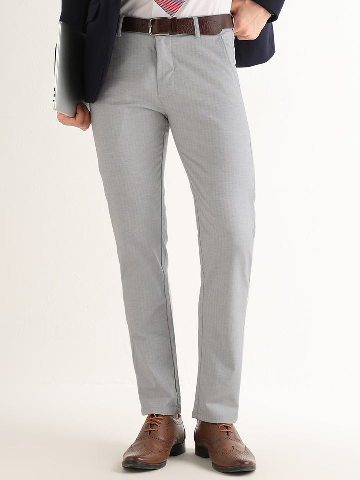 Hancock   Men   Grey   Solid Self Design   Cotton Elastane   Slim Fit   Formal   Trouser