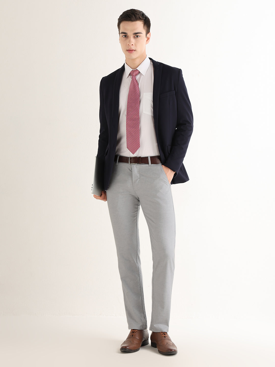 Hancock   Men   Grey   Solid Self Design   Cotton Elastane   Slim Fit   Formal   Trouser
