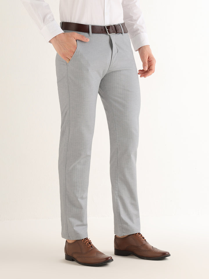 Hancock   Men   Grey   Solid Self Design   Cotton Elastane   Slim Fit   Formal   Trouser