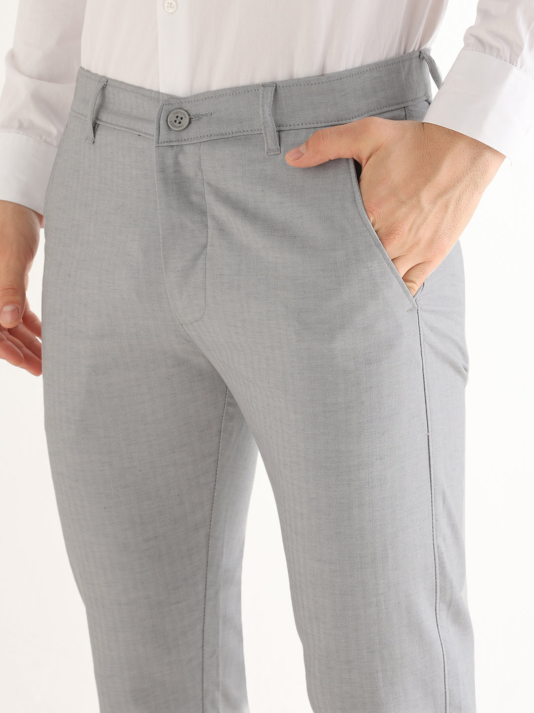 Hancock   Men   Grey   Solid Self Design   Cotton Elastane   Slim Fit   Formal   Trouser