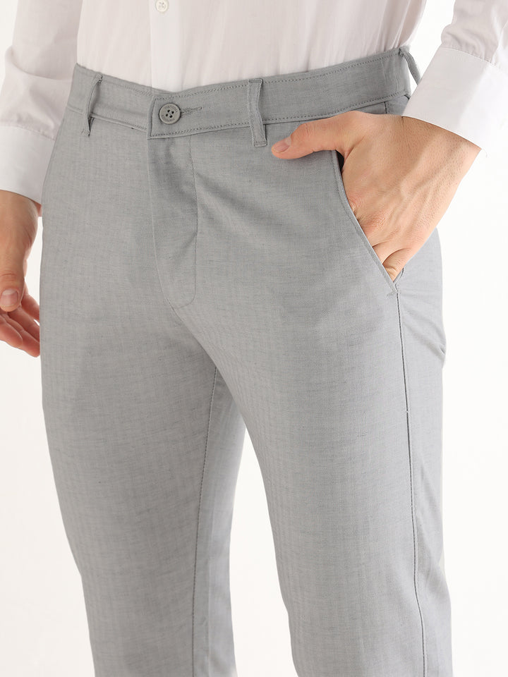 Hancock   Men   Grey   Solid Self Design   Cotton Elastane   Slim Fit   Formal   Trouser