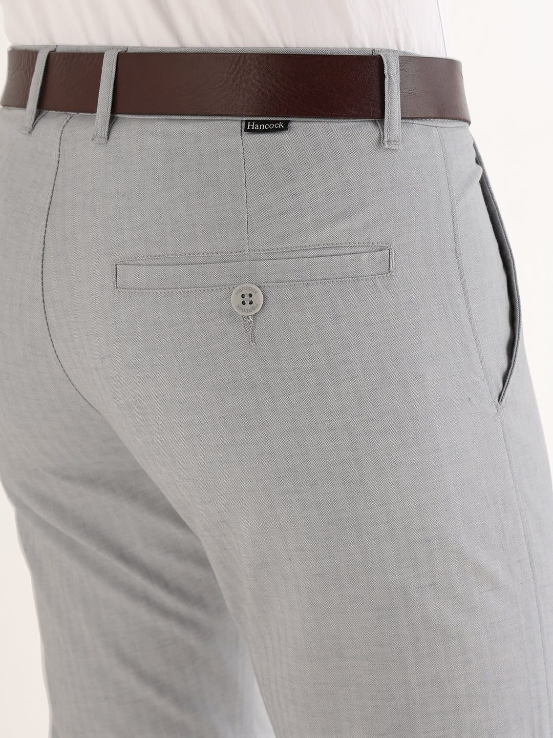 Hancock   Men   Grey   Solid Self Design   Cotton Elastane   Slim Fit   Formal   Trouser