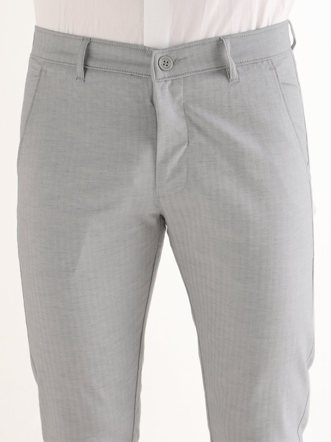 Hancock   Men   Grey   Solid Self Design   Cotton Elastane   Slim Fit   Formal   Trouser