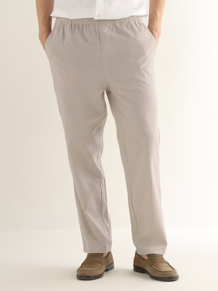 Hancock Men Beige Solid Linen Cotton Slim Fit Formal Trouser