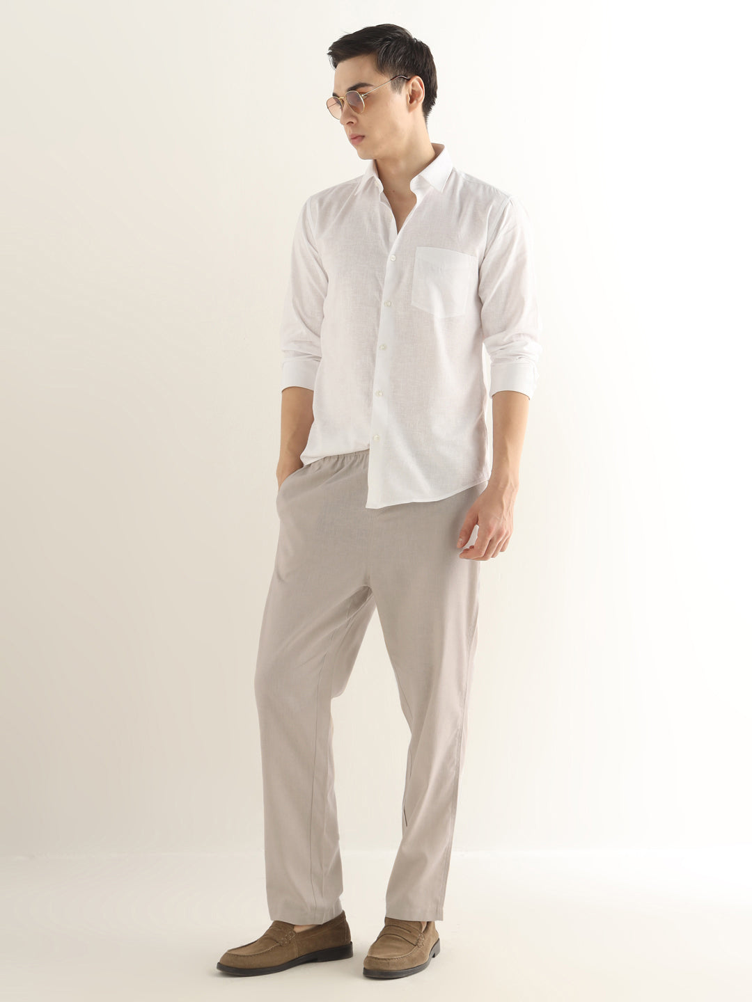 Hancock Men Beige Solid Linen Cotton Slim Fit Formal Trouser