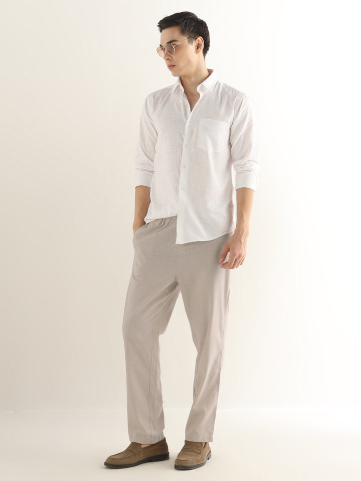 Hancock Men Beige Solid Linen Cotton Slim Fit Formal Trouser