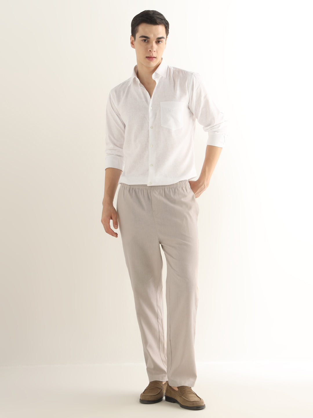 Hancock Men Beige Solid Linen Cotton Slim Fit Formal Trouser