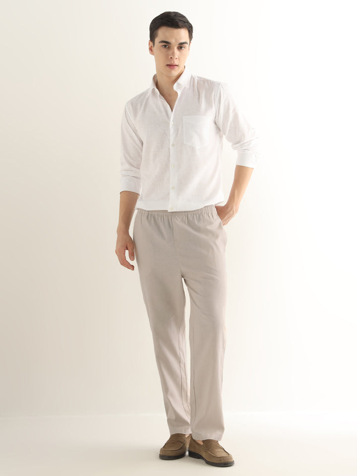 Hancock Men Beige Solid Linen Cotton Slim Fit Formal Trouser