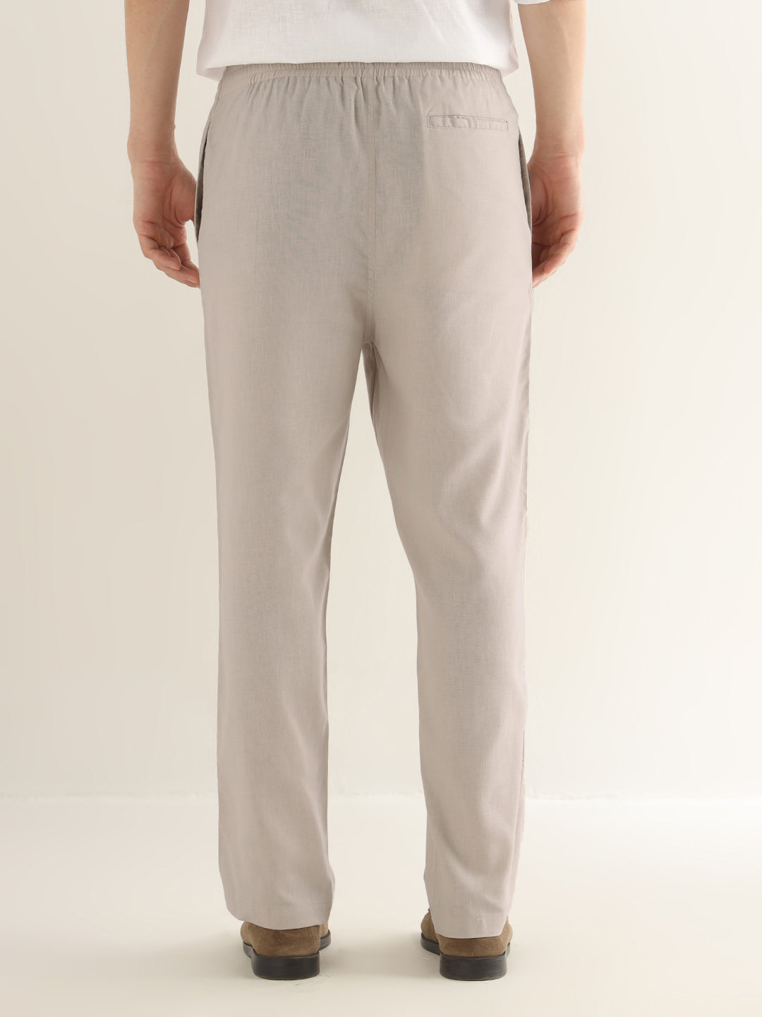 Hancock Men Beige Solid Linen Cotton Slim Fit Formal Trouser