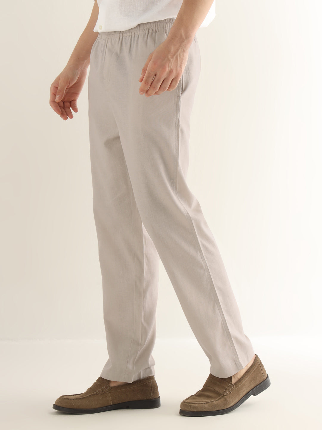 Hancock Men Beige Solid Linen Cotton Slim Fit Formal Trouser