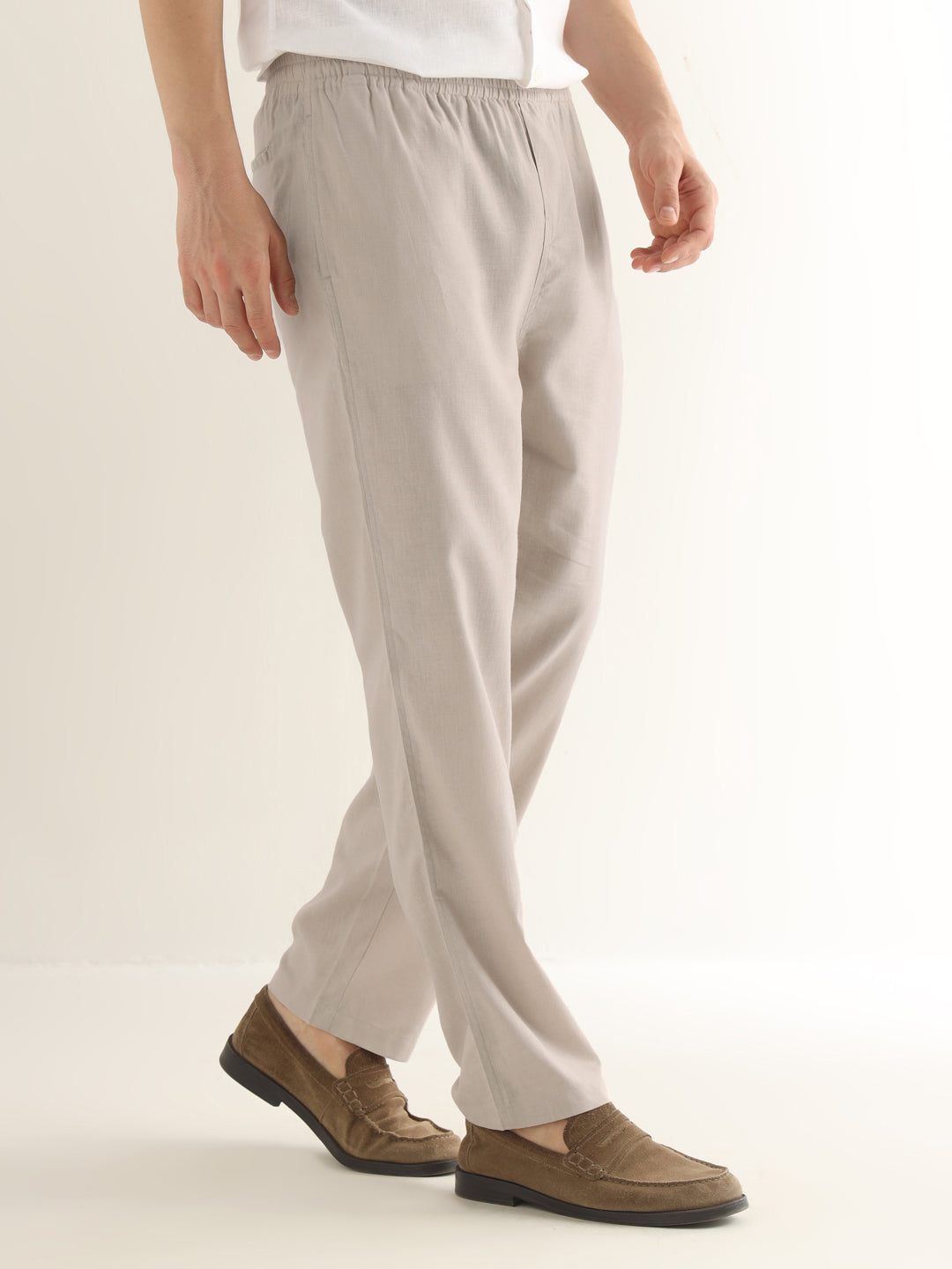 Hancock Men Beige Solid Linen Cotton Slim Fit Formal Trouser