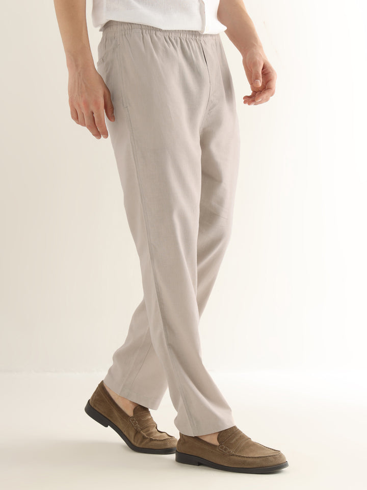 Hancock Men Beige Solid Linen Cotton Slim Fit Formal Trouser