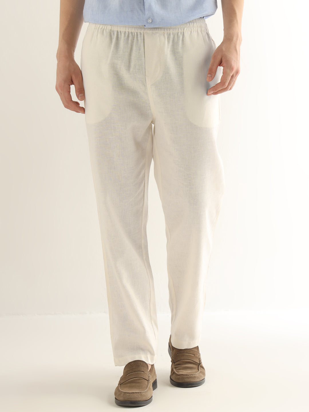 Hancock Men Cream Solid Linen Cotton Slim Fit Formal Trouser