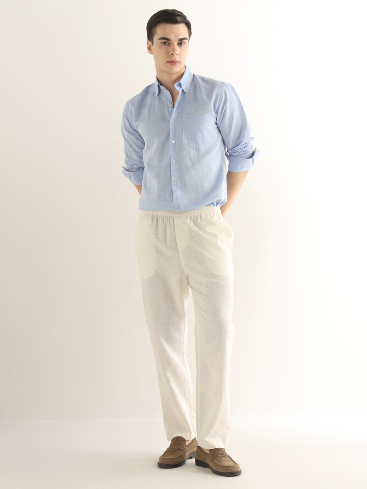 Hancock Men Cream Solid Linen Cotton Slim Fit Formal Trouser