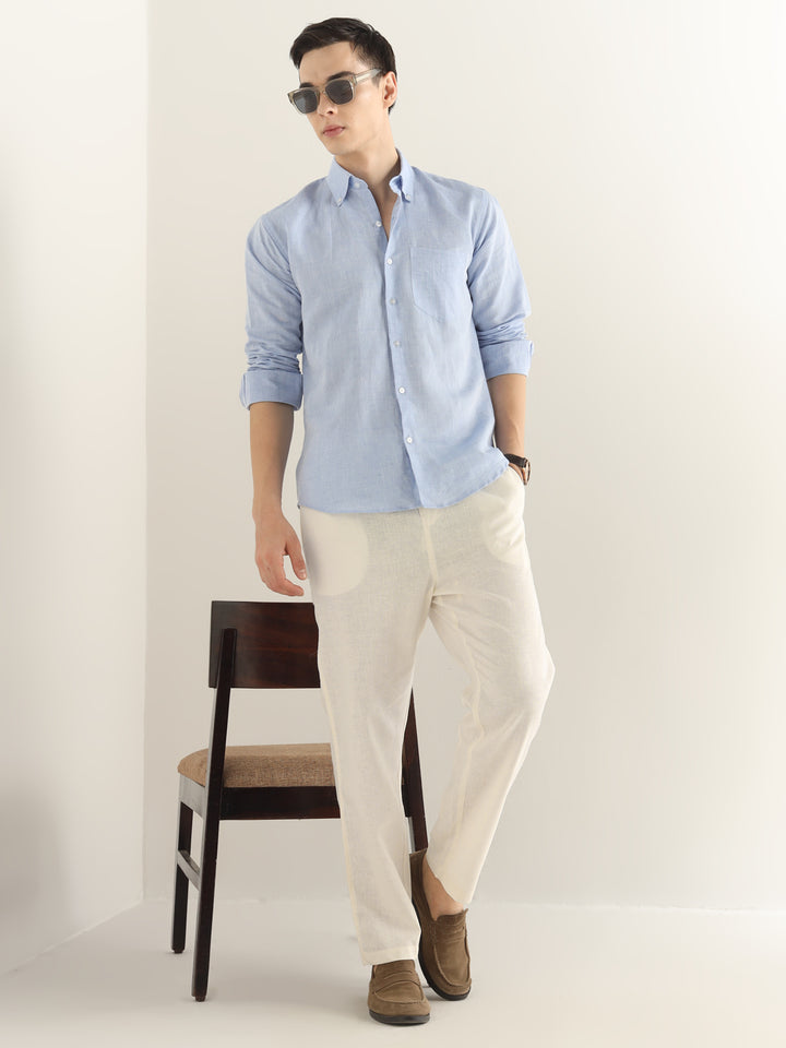 Hancock Men Cream Solid Linen Cotton Slim Fit Formal Trouser