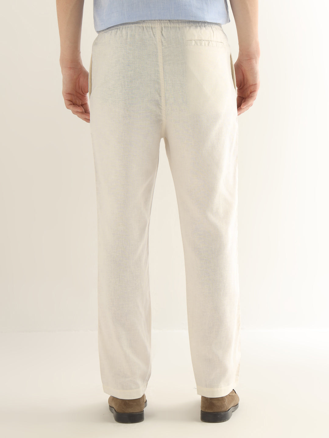 Hancock Men Cream Solid Linen Cotton Slim Fit Formal Trouser