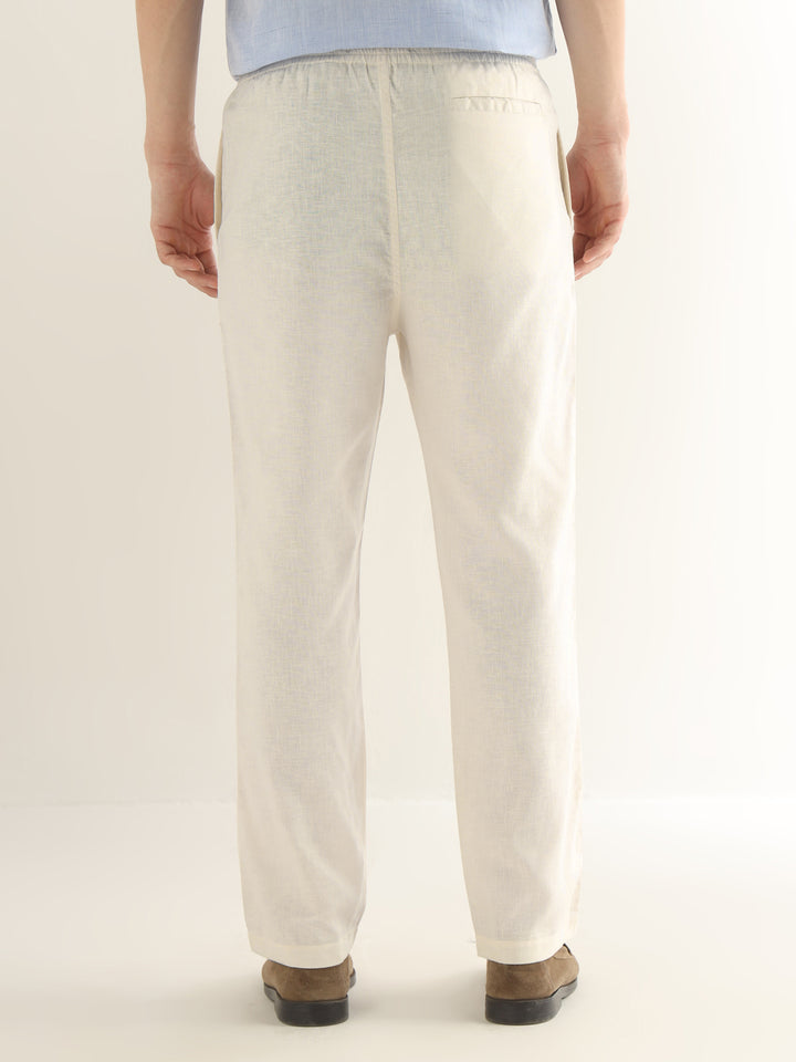 Hancock Men Cream Solid Linen Cotton Slim Fit Formal Trouser