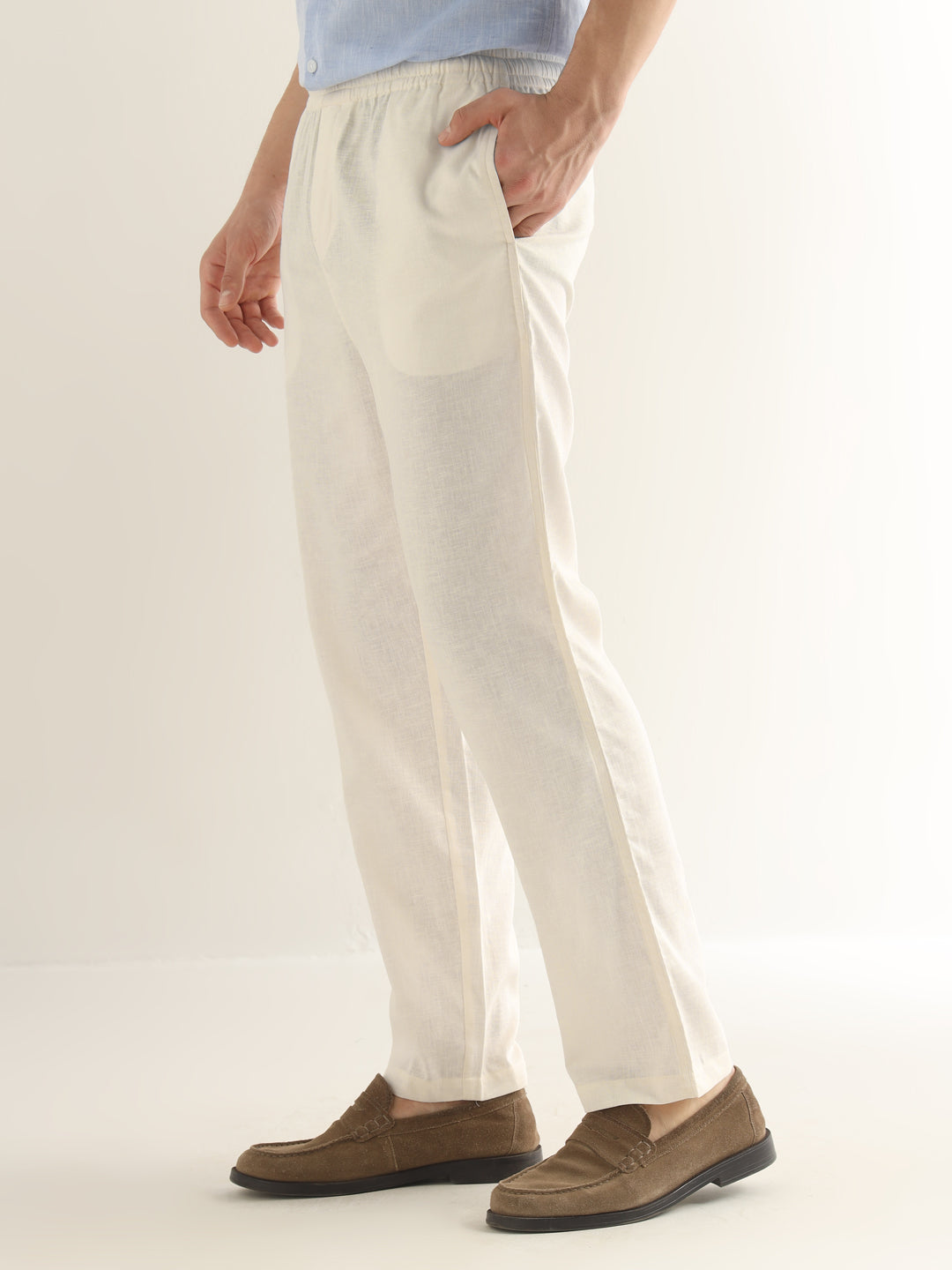 Hancock Men Cream Solid Linen Cotton Slim Fit Formal Trouser