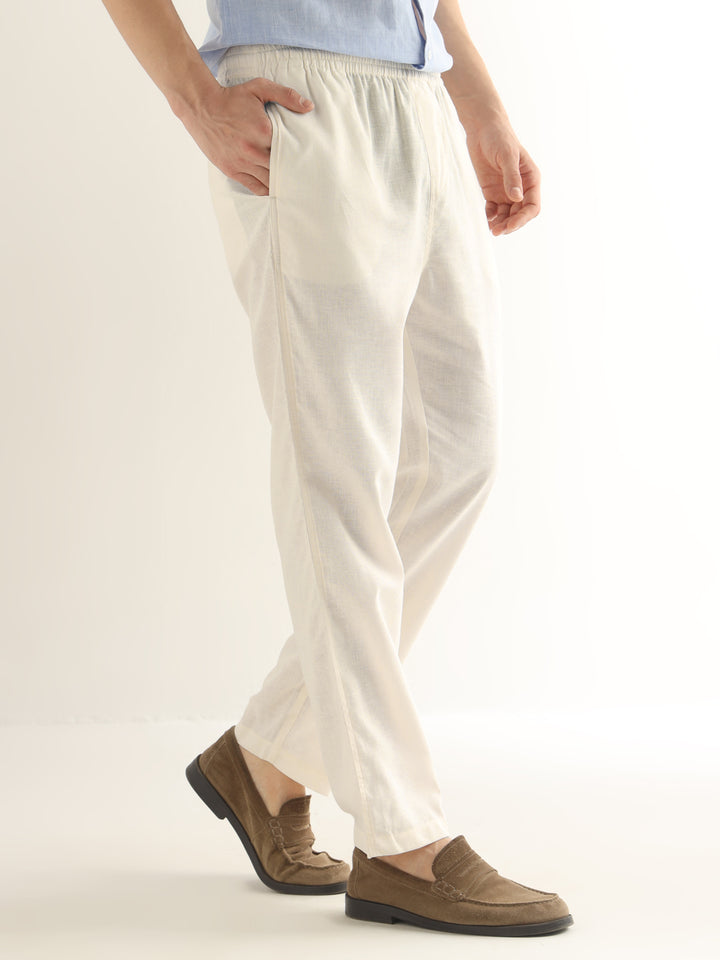 Hancock Men Cream Solid Linen Cotton Slim Fit Formal Trouser