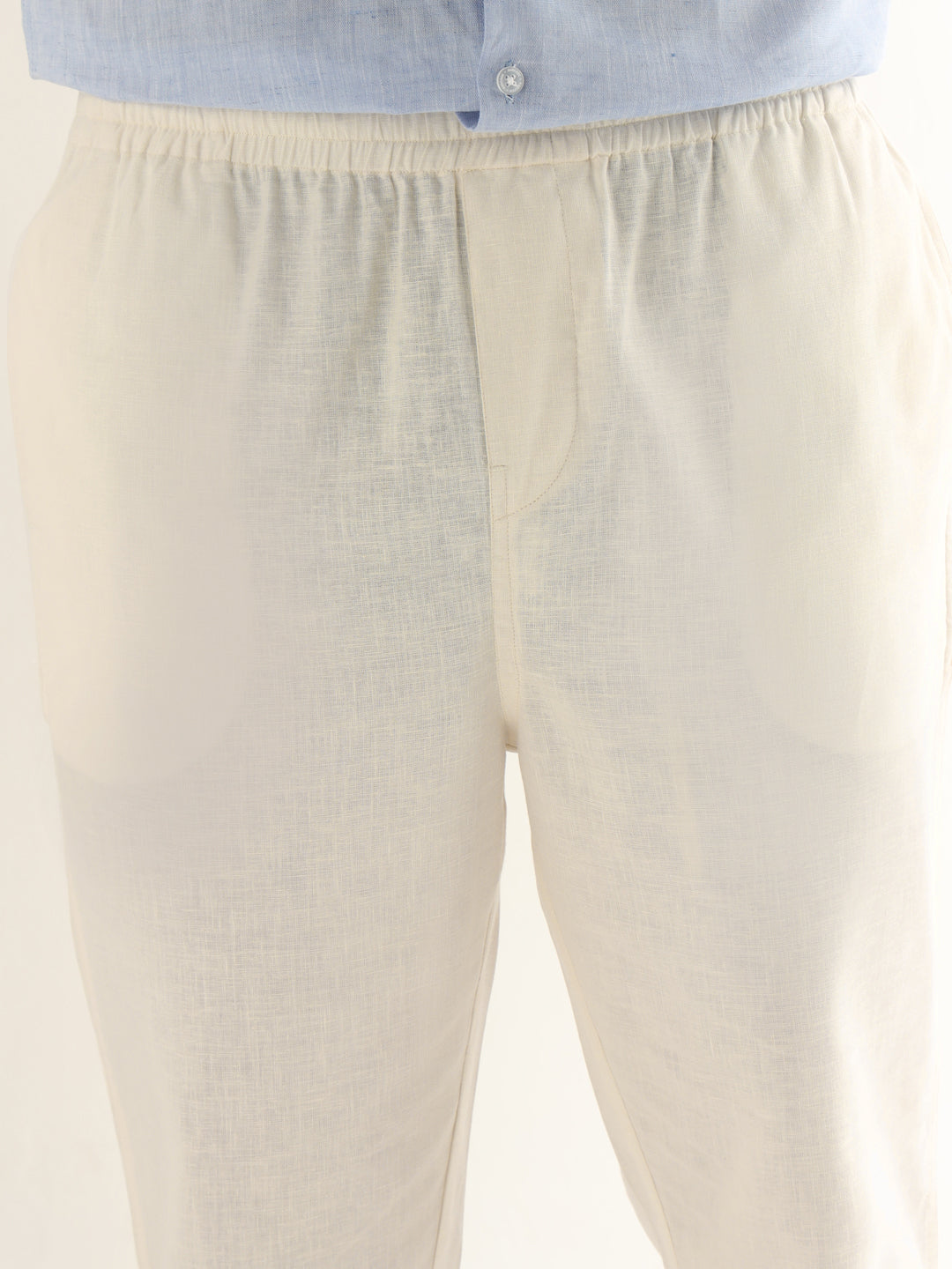 Hancock Men Cream Solid Linen Cotton Slim Fit Formal Trouser