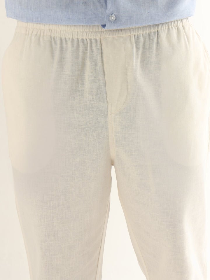Hancock Men Cream Solid Linen Cotton Slim Fit Formal Trouser