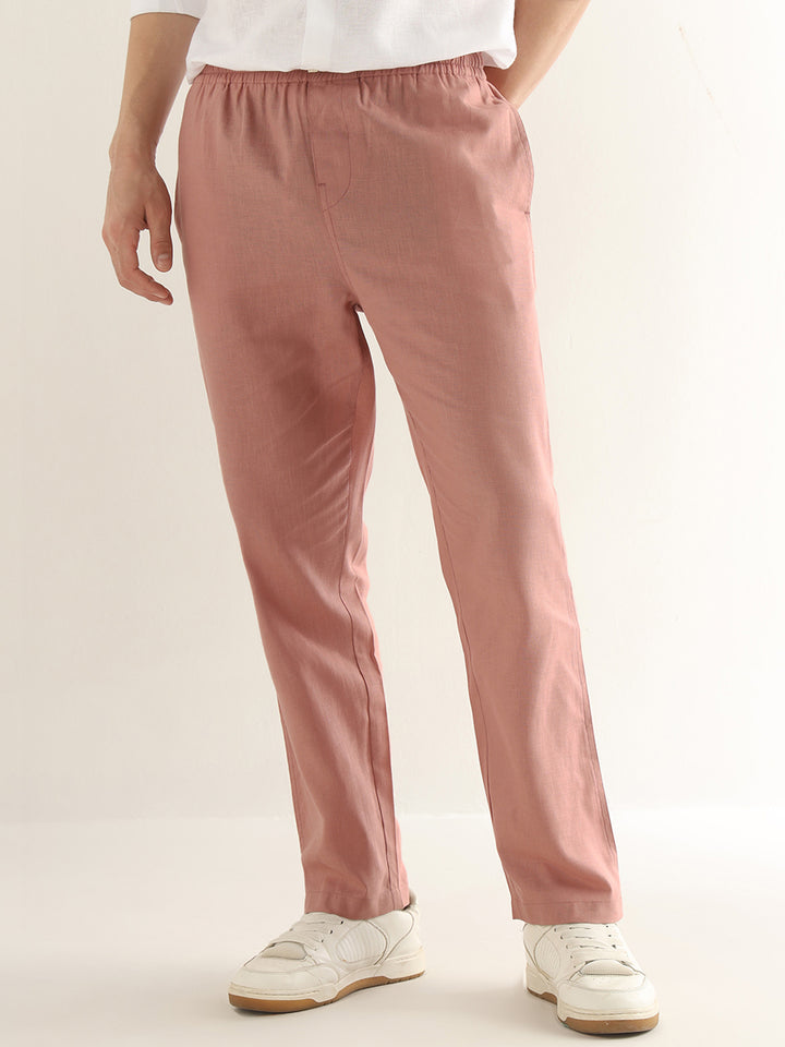 Hancock Men Dusty Pink Solid Linen Cotton Slim Fit Formal Trouser