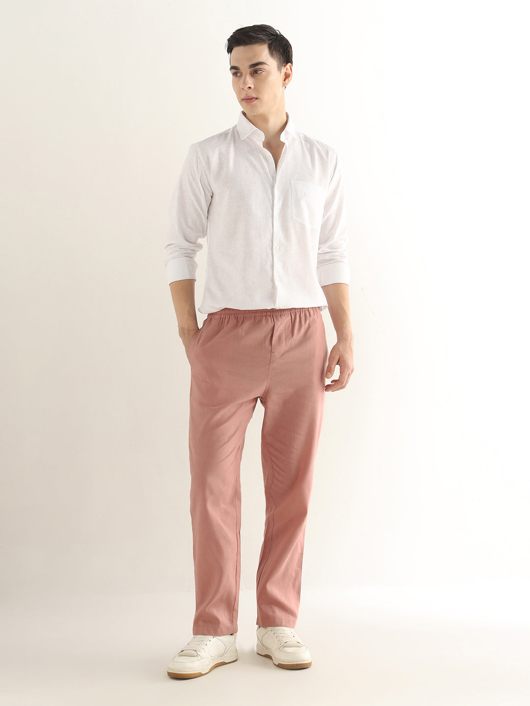 Hancock Men Dusty Pink Solid Linen Cotton Slim Fit Formal Trouser