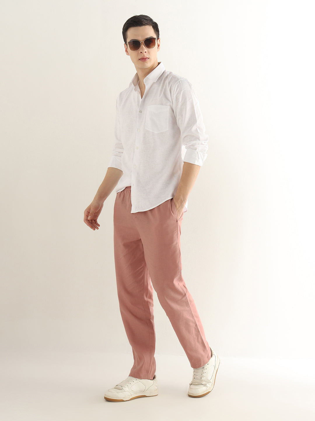 Hancock Men Dusty Pink Solid Linen Cotton Slim Fit Formal Trouser