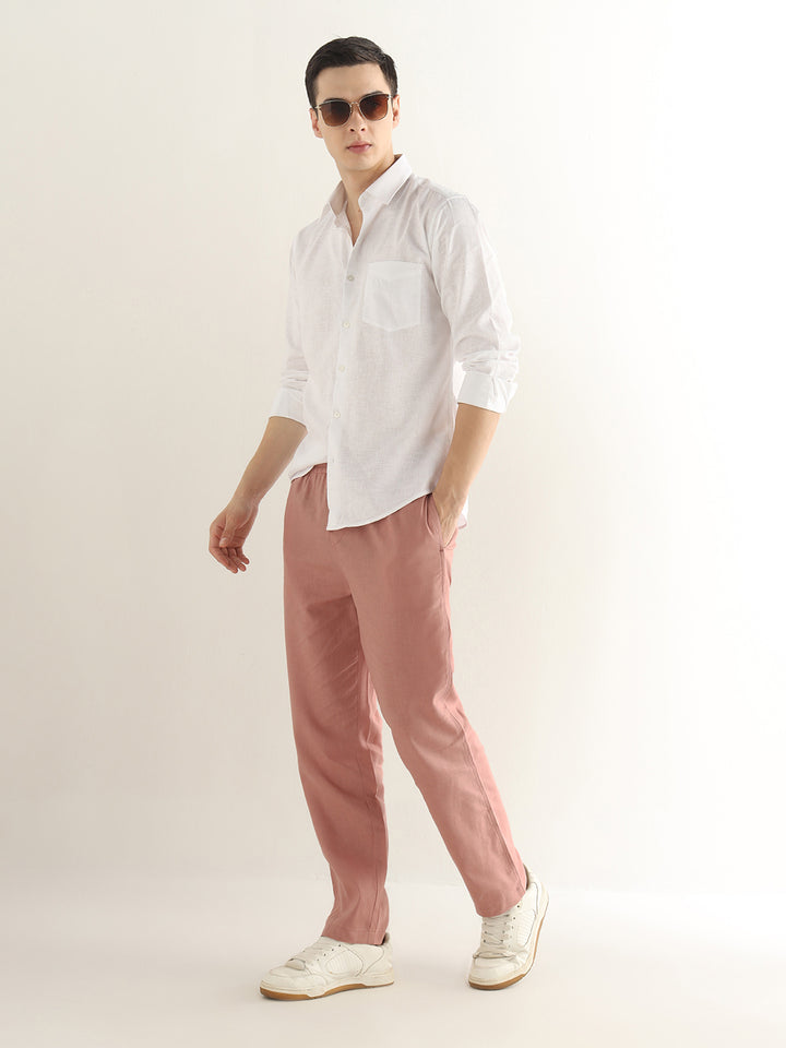 Hancock Men Dusty Pink Solid Linen Cotton Slim Fit Formal Trouser