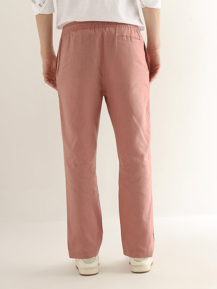 Hancock Men Dusty Pink Solid Linen Cotton Slim Fit Formal Trouser