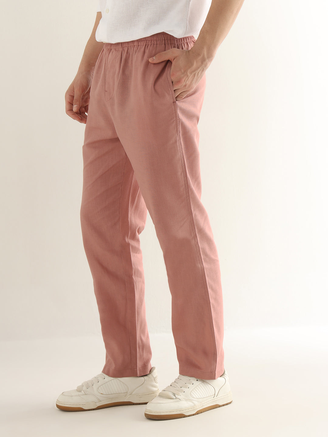 Hancock Men Dusty Pink Solid Linen Cotton Slim Fit Formal Trouser