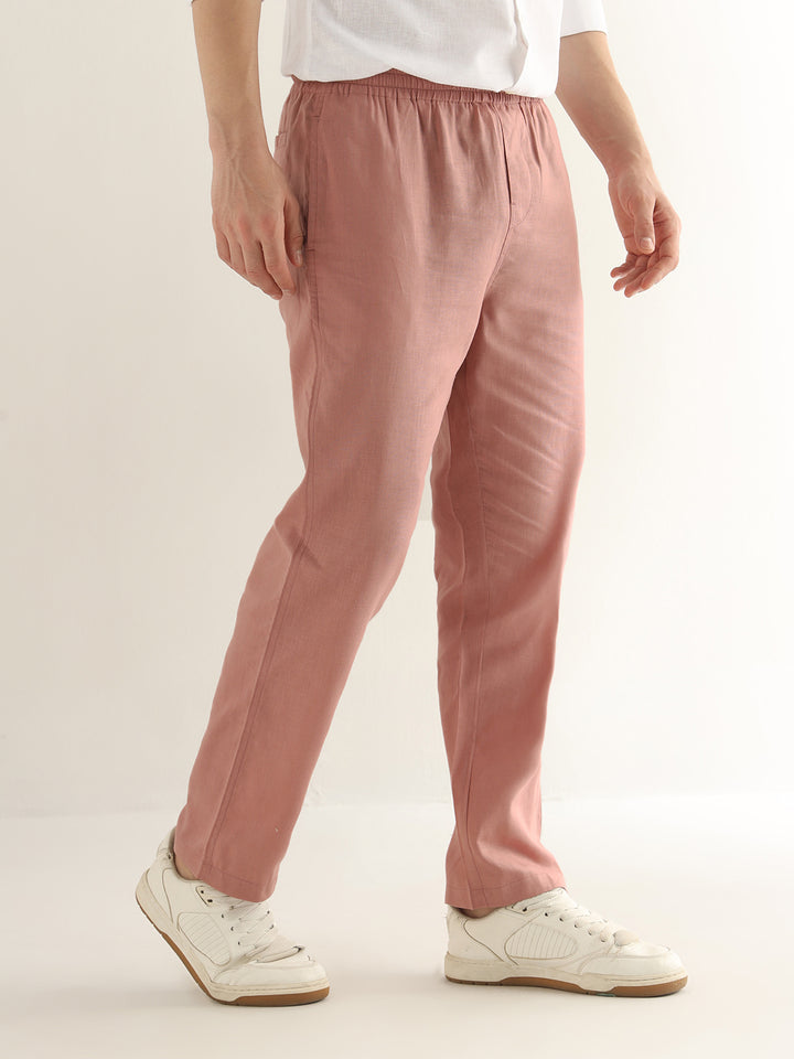 Hancock Men Dusty Pink Solid Linen Cotton Slim Fit Formal Trouser