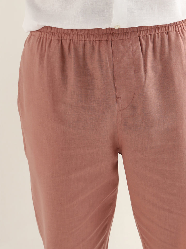 Hancock Men Dusty Pink Solid Linen Cotton Slim Fit Formal Trouser