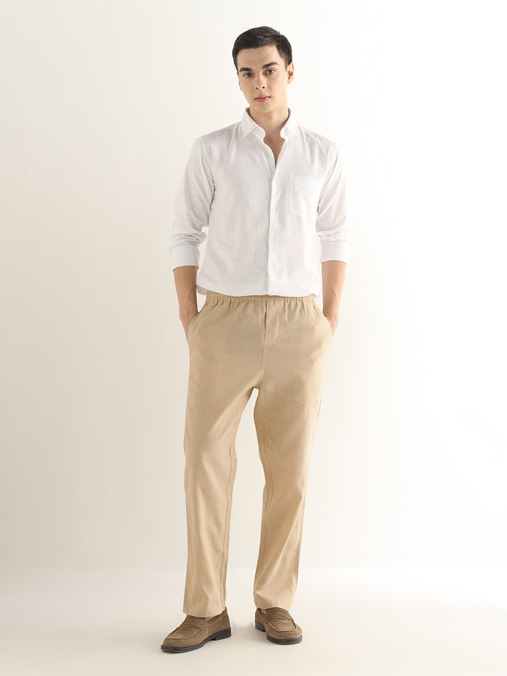 Hancock Men Tan Solid Linen Cotton Slim Fit Formal Trouser