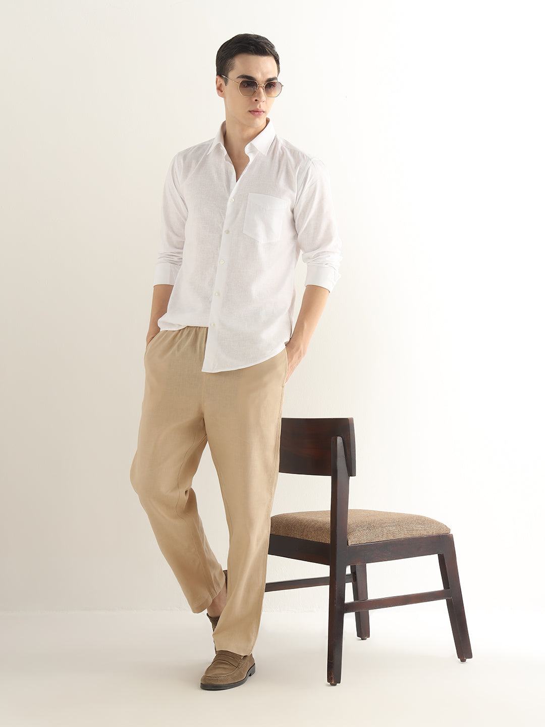 Hancock Men Tan Solid Linen Cotton Slim Fit Formal Trouser