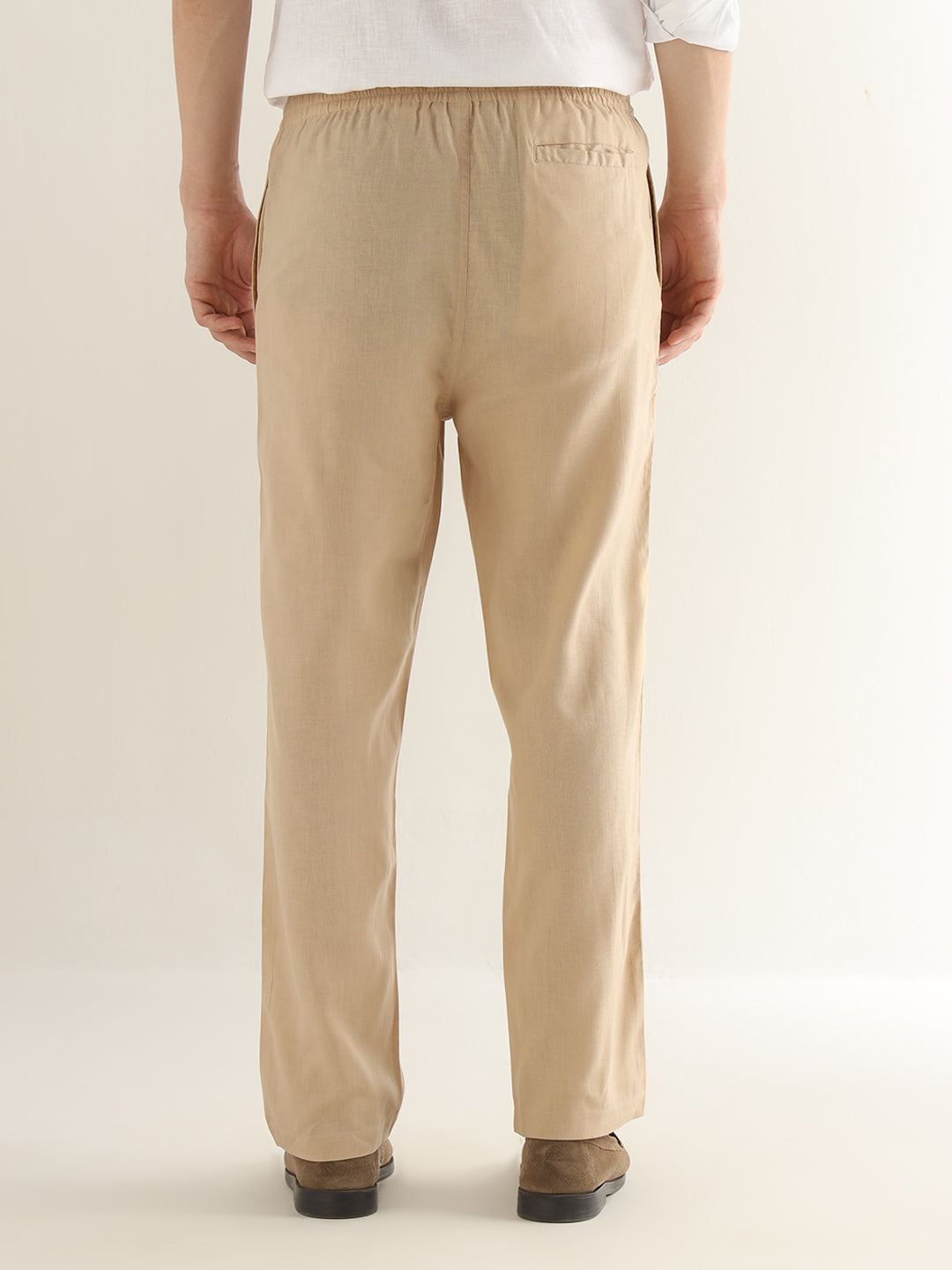 Hancock Men Tan Solid Linen Cotton Slim Fit Formal Trouser