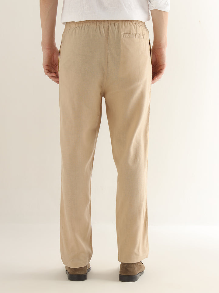 Hancock Men Tan Solid Linen Cotton Slim Fit Formal Trouser