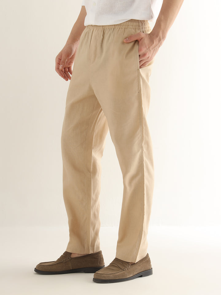 Hancock Men Tan Solid Linen Cotton Slim Fit Formal Trouser