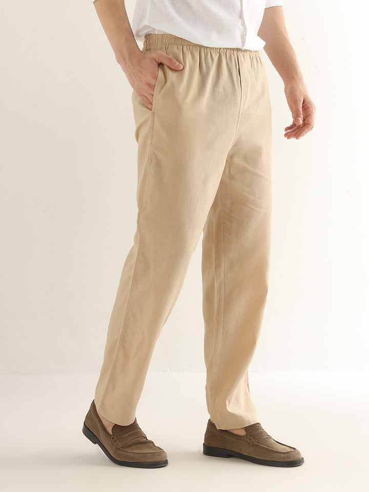 Hancock Men Tan Solid Linen Cotton Slim Fit Formal Trouser