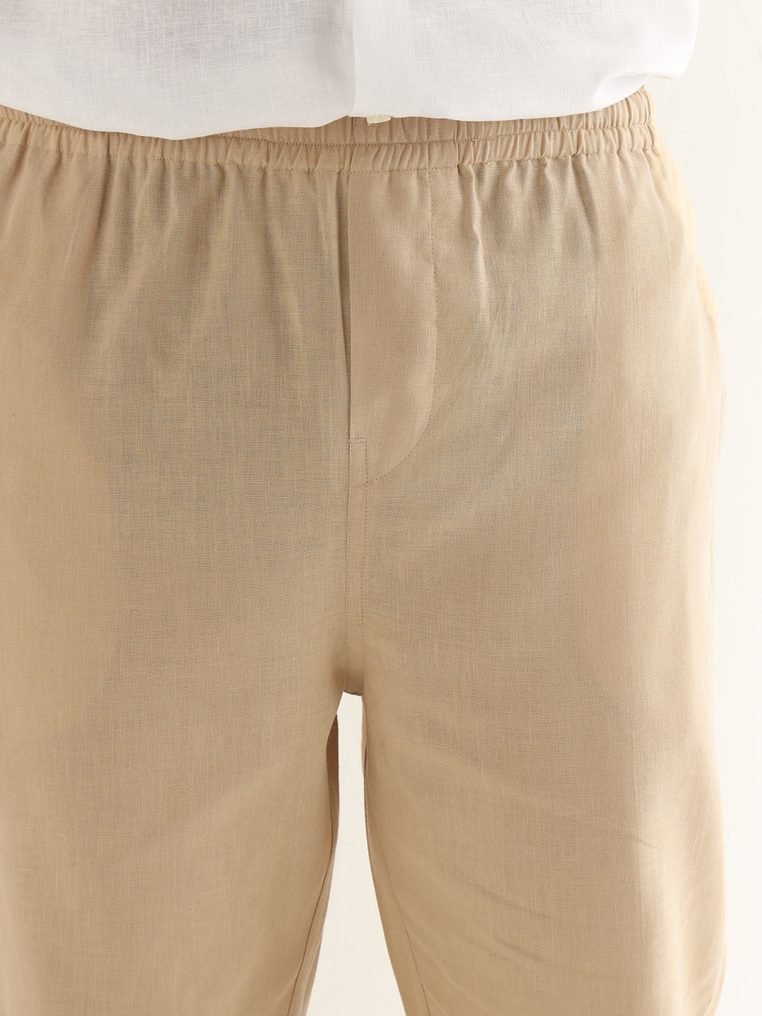 Hancock Men Tan Solid Linen Cotton Slim Fit Formal Trouser