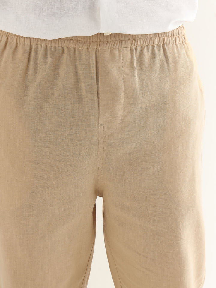 Hancock Men Tan Solid Linen Cotton Slim Fit Formal Trouser