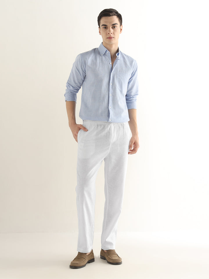 Hancock Men White Solid Linen Cotton Slim Fit Formal Trouser