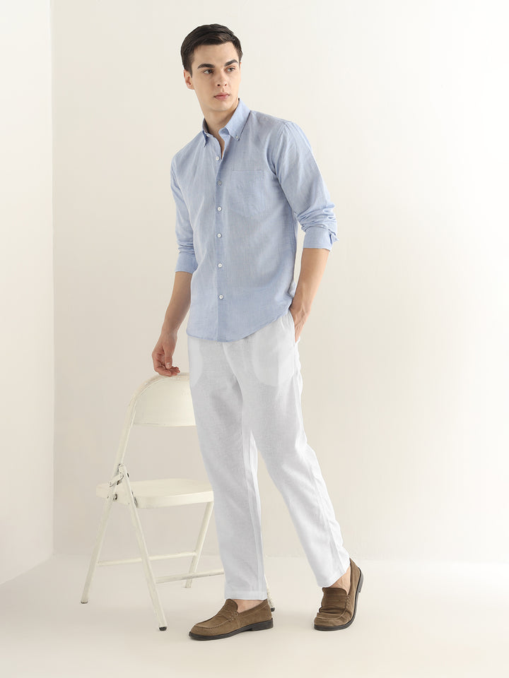Hancock Men White Solid Linen Cotton Slim Fit Formal Trouser