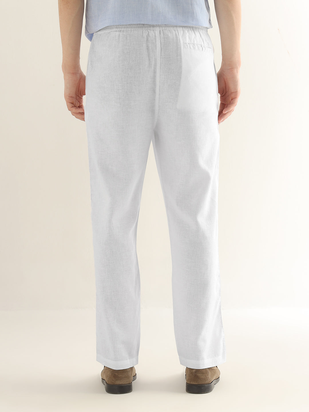 Hancock Men White Solid Linen Cotton Slim Fit Formal Trouser