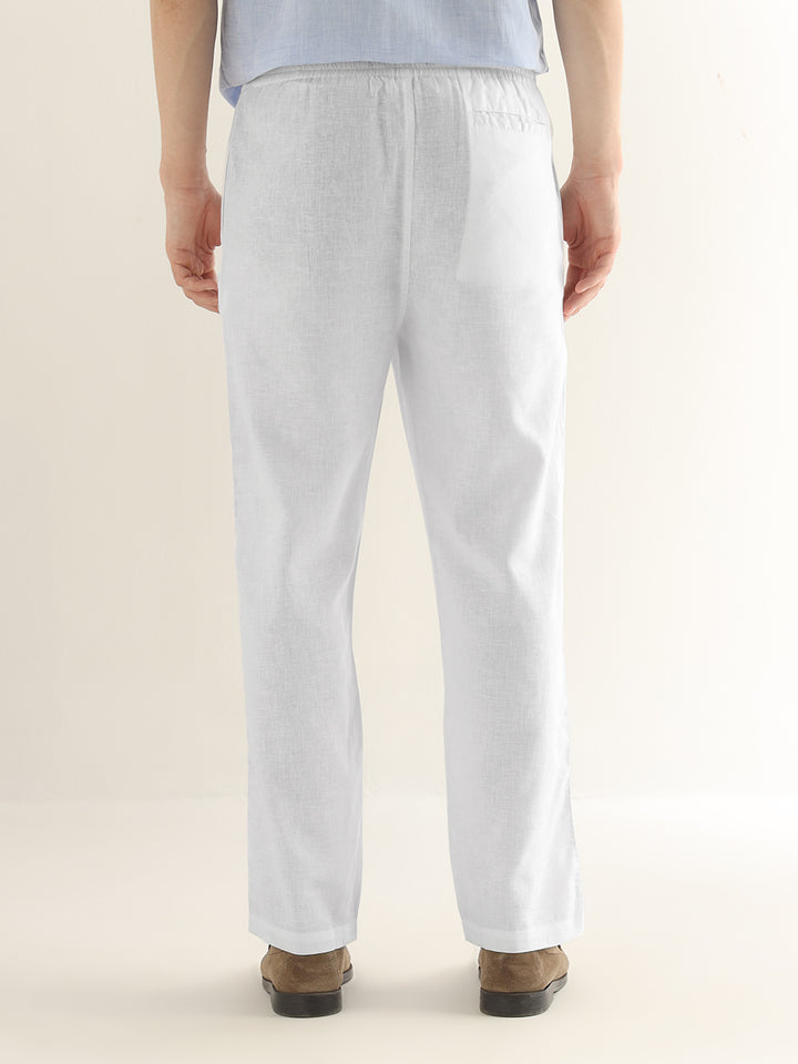Hancock Men White Solid Linen Cotton Slim Fit Formal Trouser